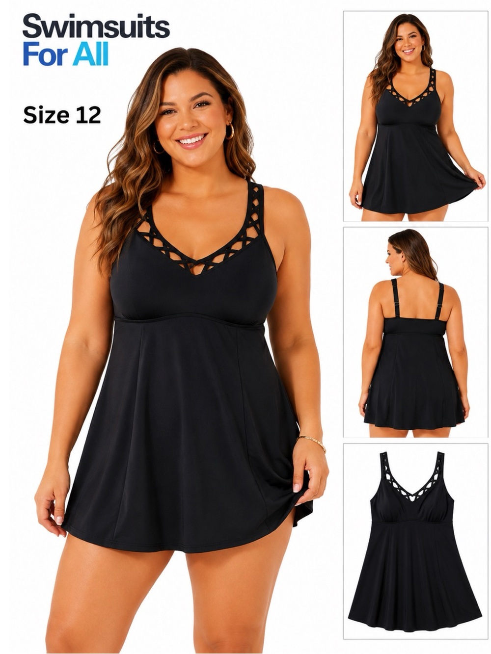 SWIMSUITS FOR ALL Black Strappy Cut Out One Piece Swim Dress Size 12